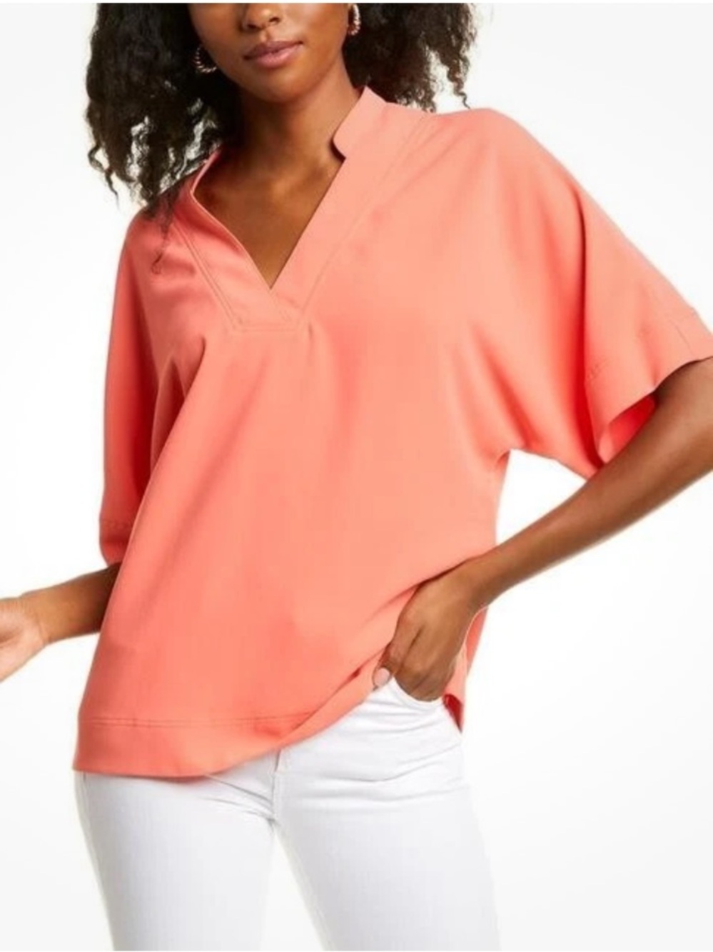Trina Turk Coral Pink V-Neck Dolman Short Sleeve Blouse Top M